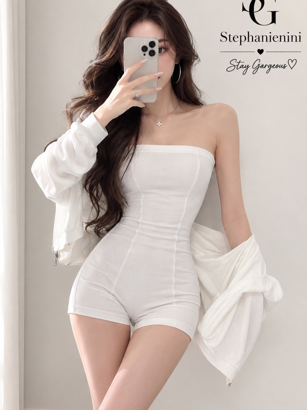 White Strapless Fitted Romper with Matching Zip-Up Hoodie 2-Piece Set